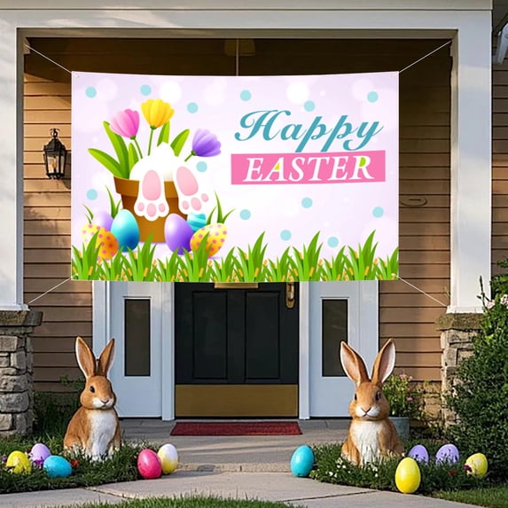 Lunxisen 2 Pcs Easter Door Cover, Happy Easter Bunny Door Decorations Chillin With My Bunny Egg Hanger Easter Front Door Banner Welcome Door Porch Sign Party Supplies