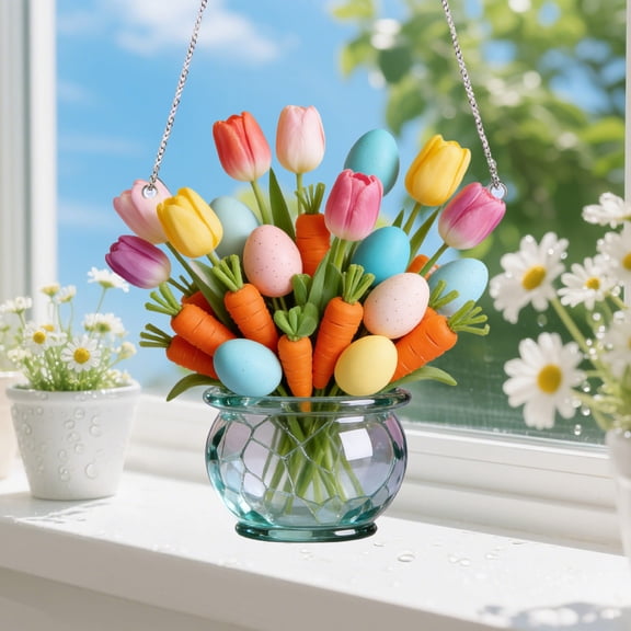 Lunxisen 2 Pcs Easter Flower Egg Sea Glass Window Hanging Spring Farmhouse Decor Ornament Gift for Home Garden(20cm)