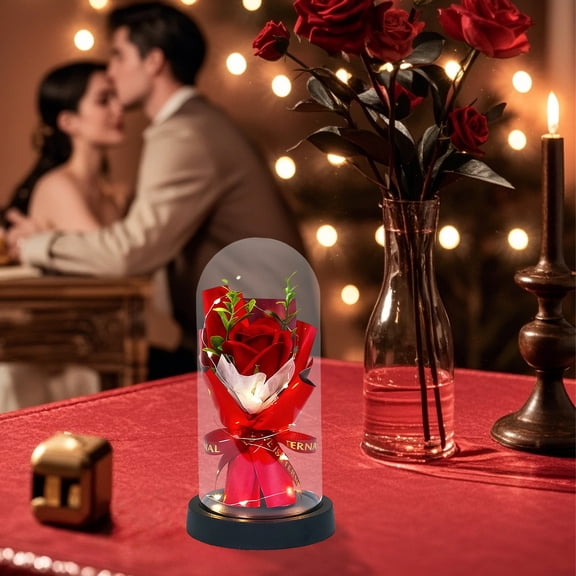 Lunxisen 2 Pcs Everlasting Roses Bouquet Luminous Glass Dome Romantic Valentine's Day Gift Home Decor Centerpiece
