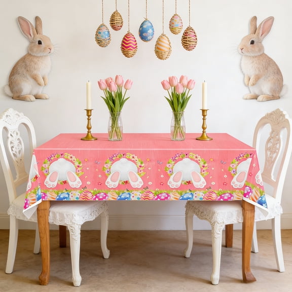 Lunxisen 2 Pcs Happy Easter Table Cloth Plastic Bunny Eggs Tablecloth, Rectangle Spring Floral Table Cover for Easter Home Dining Kitchen Activity Party Decorations Tables Decor(72*54in)
