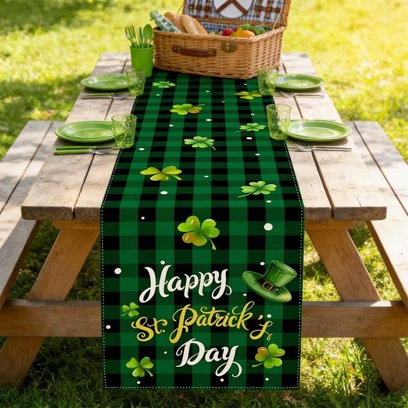 Lunxisen 2 Pcs St. Patrick's Day Shamrock Table Runner, Green and White Clover Pattern Table Cover for Irish Holiday Celebration, Perfect for Home, Party, Kitchen Dining Mantel Decorations
