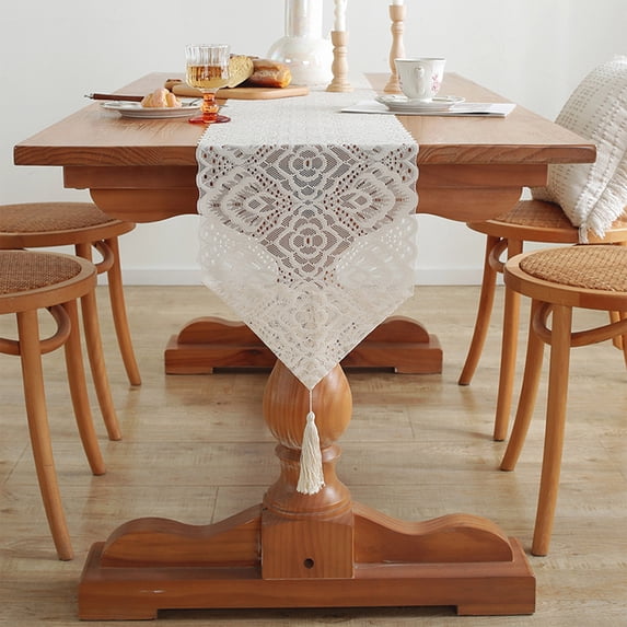 Lunxisen 2 Pcs Table Runner, Woven Cotton Crochet Lace Table Runners with Tassels for Home Dining Table, Farmhouse Style Décor or Kitchen Dresser, Dining Tablecloths Home Decoration(100*30cm)