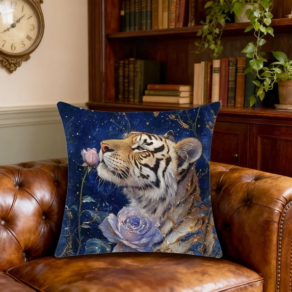 Lunxisen 2 Pcs Tiger Head Print Pillow Cover Decorative Colorful Animal Pillow Case Flowers Cushion Cover Pillowcase for Couch Bed Living Room Blue