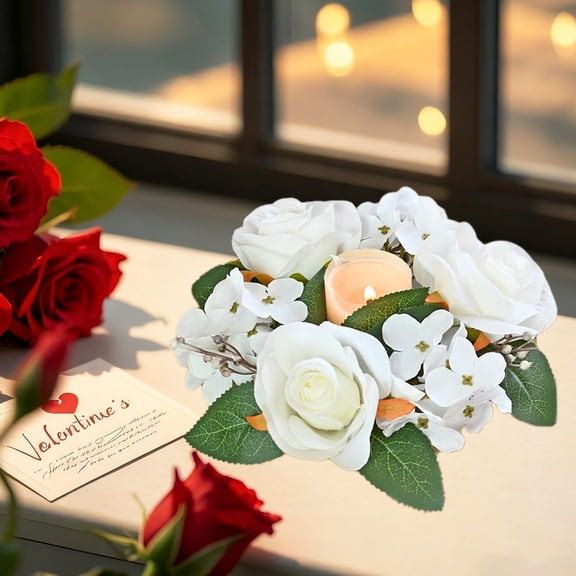 Lunxisen 2 Pcs Valentines Red Roses Candle Rings Wreaths Artificial Flowers Wedding Centerpieces Candle Holder with Green Leaves for Engagement Farmhouse Party