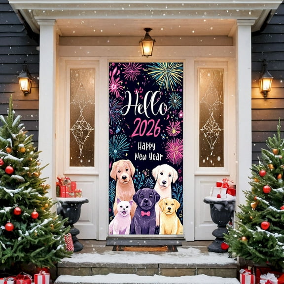 Lunxisen 3 Pcs Happy New Year Door Cover Banner Decorations Fireworks Hanging Backdrop Sign Photo Booth Prop.