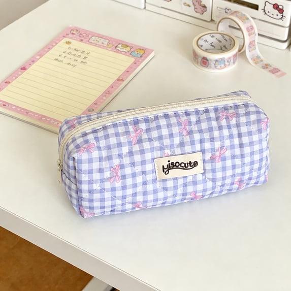 Lunxisen 3 Pcs Seasonal Student Checkered Pencil Case Portable Organiser Stationery Pouch Bow Design