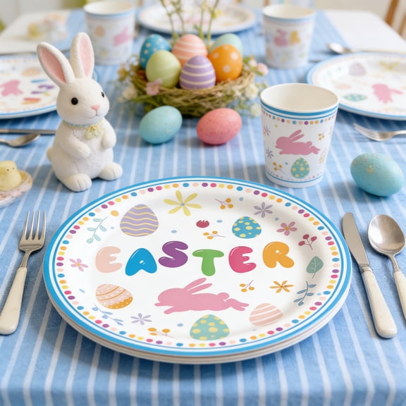 Lunxisen 32 Pcs Easter Paper Plates Oval Easter Dinner Plates Bunny Spring Party Supplies Decoration