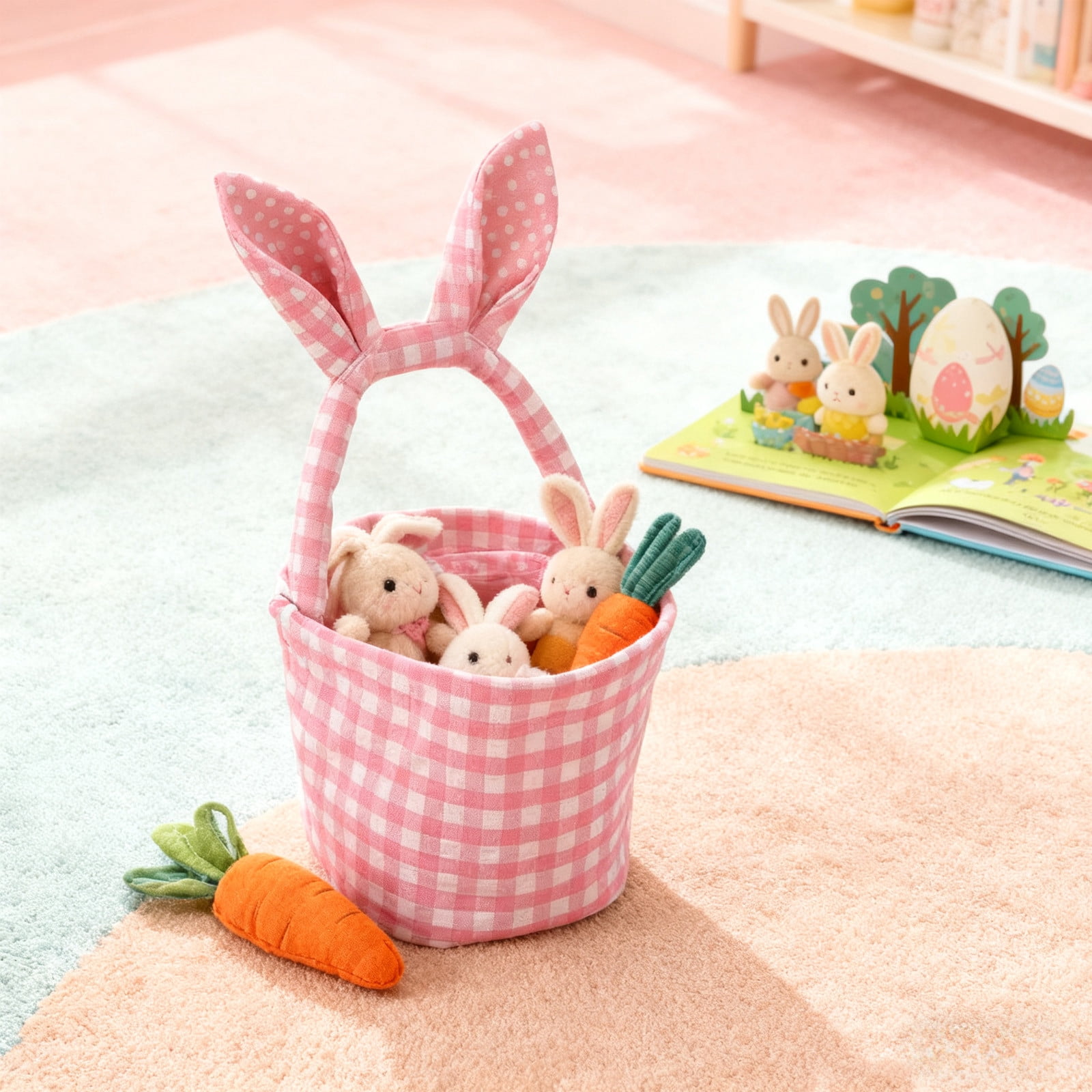 Lunxisen 4 Pcs Easter Bunny Basket Plaid Gingham Easter Buckets with Border Pleat,Cute Easter Basket Tote Easter Eggs Hunt Bag,Easter Decorations,Candy Gifts Storage