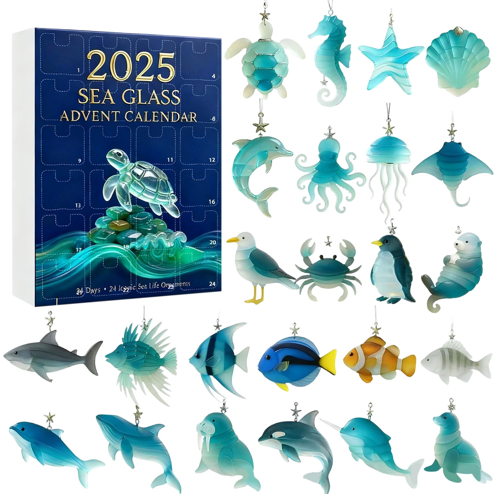 Lunxisen 4 Pcs Sea Glass Life Advent Calendar Christmas Countdown Calendar With Realistic Animals Decoration.