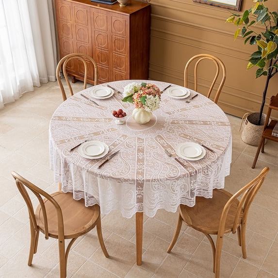 Lunxisen 4 Pcs White Lace Tablecloth Embroidered Sheer Round Table Cover Non-Slip Dining Decor Home Restaurant Cafe(185cm)