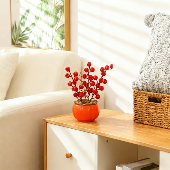 Lunxisen 4 pcs Artificial Bonsai Red Berry Ornament Home Decoration Housewarming Gifts Small Fake Plant Decor Welcome Potted for Bathroom Desktop.