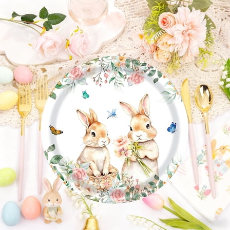 Lunxisen 40 Pcs Party Tableware Set Spring Easter Rabbit Party Supplies Guests Plates Paper Napkins Plastic Forks for Birthday Baby Party