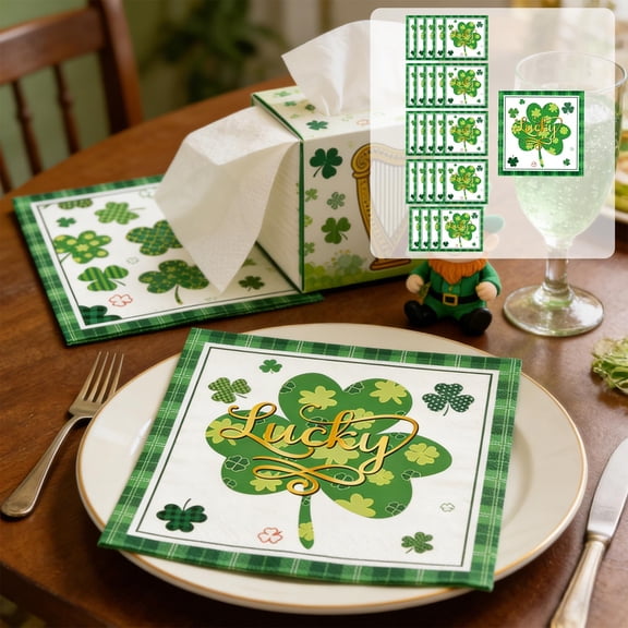 Lunxisen 40 Pcs St. Patrick's Day Tableware Set , Green Lucky Shamrock and Plaid Disposable Plates, Cups, Napkins, Forks, Spoons, Irish Themed Birthday Party Supplies