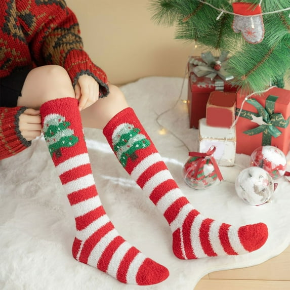 Lunxisen 8 Pcs Christmas Knee Long Fuzzy Socks for Women Coral Fleece Warm Soft over Knee Long Striped Fluffy Socks for Xmas Holiday Winter Home Indoor
