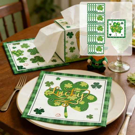Lunxisen 80 Pcs St. Patrick's Day Tableware Set , Green Lucky Shamrock and Plaid Disposable Plates, Cups, Napkins, Forks, Spoons, Irish Themed Birthday Party Supplies