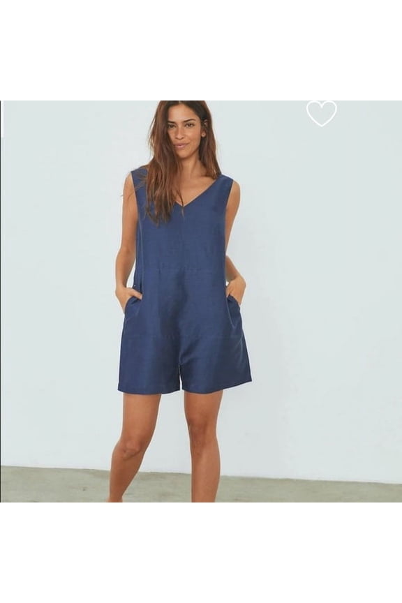 Resort Linen Silk Romper, Navy, Small