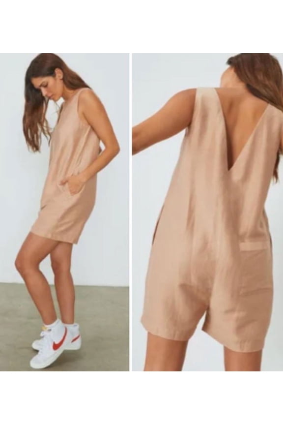 Resort Linen Silk Romper, Pink, Medium