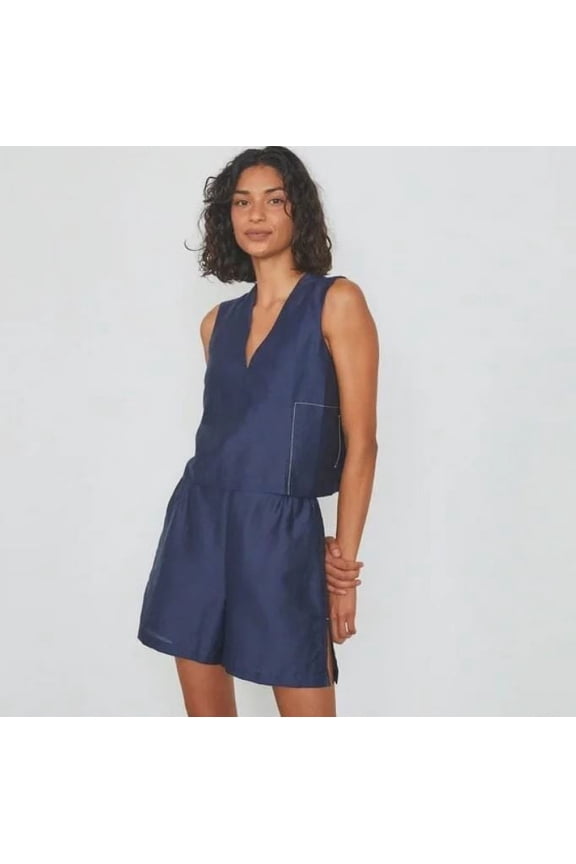 Women's Resort Linen Sleep Pajama Set, Navy, Medium