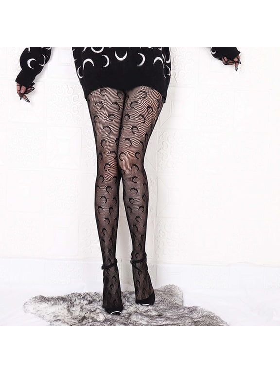 Black Fishnet Tights with Lace Trim Patterned Pantyhose Ribbon Print Stockings