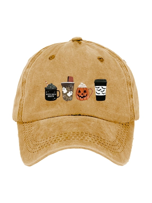 Halloween Pumpkin Coffee Cup Embroidered Baseball Cap for Men Women, Vintage Washed Cotton Ball Cap, Halloween Cap for Adults Casual Outdoor Party Cos-tume Gorras Para Hombres