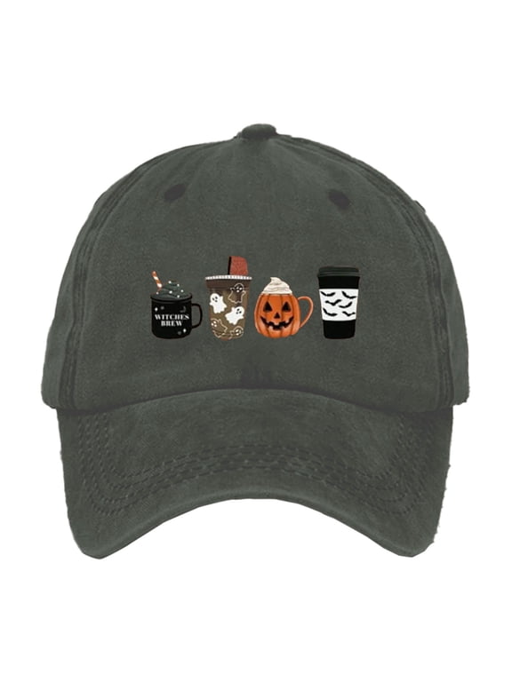 Halloween Pumpkin Coffee Cup Embroidered Baseball Cap for Men Women, Vintage Washed Cotton Ball Cap, Halloween Cap for Adults Casual Outdoor Party Cos-tume Gorras Para Hombres