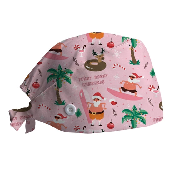 Luo Fashion Under $2 Adjustable Scrub Cap with Buttons and Tie Back - Holiday Print Medical Hat