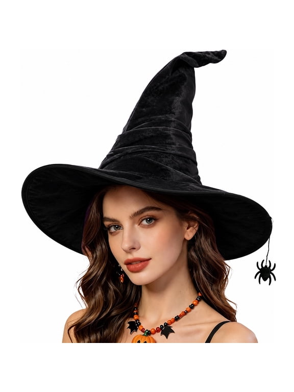 halloween hats, Halloween Witch Hat Velvet Pointed Crinkled Wide Brim Cos-tume Pa-rty HatGrey