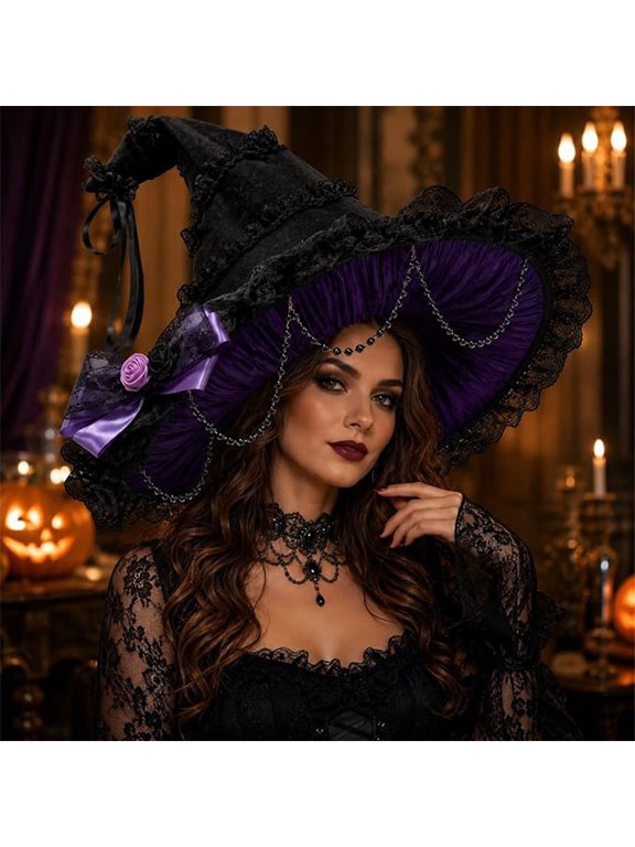 halloween witch hat, Halloween Witch Hat Lace Rose Ribbon Chain Pointed Cos-tume Par-ty HatPurple