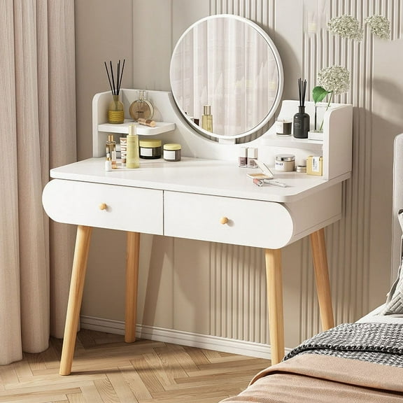 Luo Luo Vanity Desk with Mirror Stylish Dressing Table Set for Teens & Adults, Features 2 Shelves & 2 Drawers ,White (Without Stool)