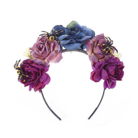 Luo fashion Skull & Spider Flower Crown Headband for Women – Gothic Rose Hair Hoop with Gold Vines, Day of the Dead Sugar Skull Headpiece, Halloween Skeleton Cos-tume Accessory for Cos-play & Parties