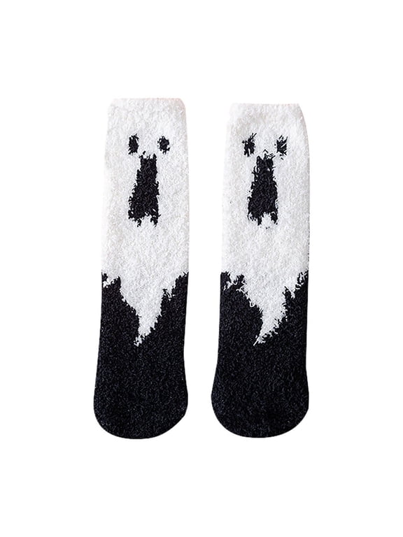 Women's Halloween Fuzzy Socks - Spooky Crew Long Cotton Socks with Ghost & Pumpkin Print, Warm Fluffy Holiday Socks Bulk Pack, Cute Halloween Gifts for Women & Adults
