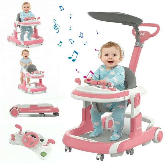 LUOLUO 5-in-1 Foldable Baby Walker with Foot Pads/Handles for Boys and Girls 6-24 Months, Pink