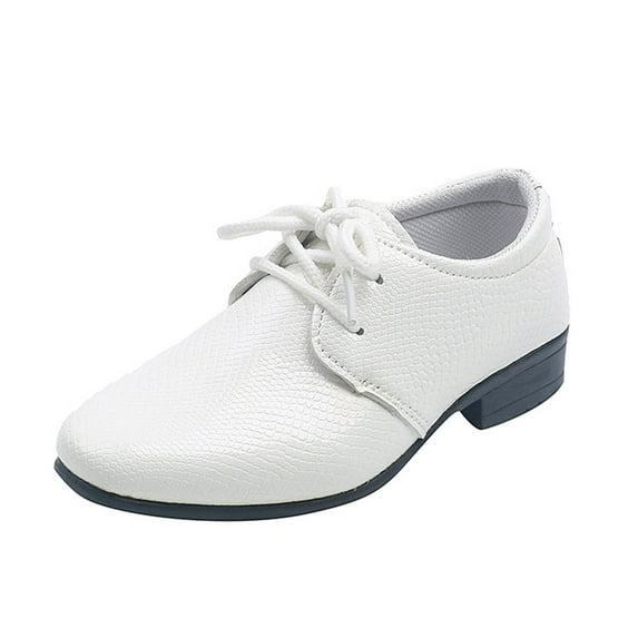 Luogg Children Boys Leather Shoes Soft Leather Performance Lace Up British Style Casual Embossed Size 3.5-4 Years White