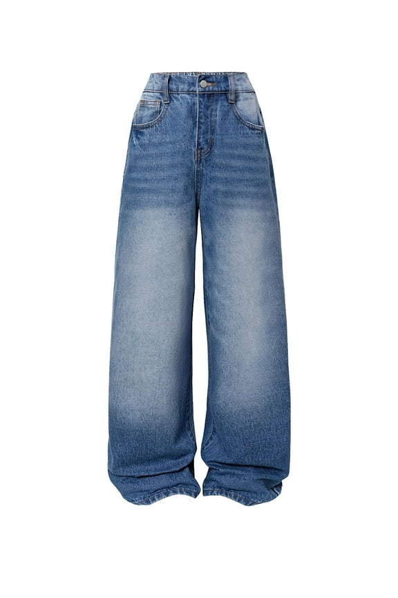 Girls Baggy Jeans Distressed Denim Pants Elastic Waist Wide Leg Jeans for Girls Kids Loose Fit Girls Jeans 8-9 Years