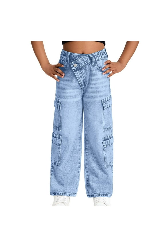 Girls Cargo Jeans For Teens Distressed Washed Denim Pants With Multiple Pockets Casual Loose Fit Comfortable Summer Trousers For 6 13 Years Old Girls Cargo Pants 6-7 Years