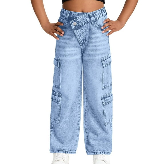 Luogg Girls Cargo Jeans For Teens Distressed Washed Denim Pants With Multiple Pockets Casual Loose Fit Comfortable Summer Trousers For 6 13 Years Old Girls Cargo Pants 6-7 Years