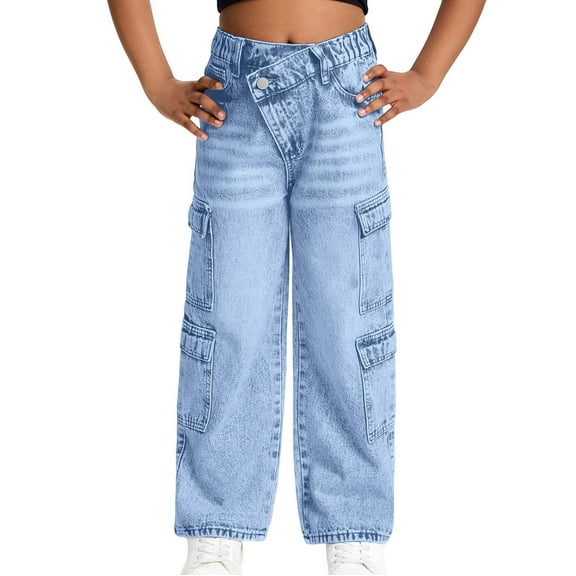 Luogg Girls Cargo Jeans For Teens Distressed Washed Denim Pants With Multiple Pockets Casual Loose Fit Comfortable Summer Trousers For 6 13 Years Old Girls Cargo Pants 6-7 Years
