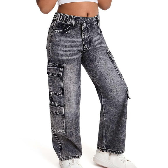 Luogg Girls Cargo Jeans For Teens Distressed Washed Denim Pants With Multiple Pockets Casual Loose Fit Comfortable Summer Trousers For 6 13 Years Old Girls Cargo Pants 12-13 Years