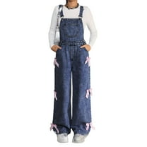 Luogg Girls Denim Overalls Snowflake Washed Wide Leg Jumpsuit With Bow Casual Fashion For Teen Girls Girls Cargo Pants 8-9 Years