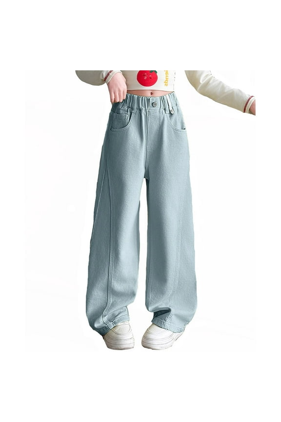 Girls Fashion Cute Personality Fleece Lined Pants Elastic Waist Wide Leg Jeans Casual Demin Pants With Pockets Girls Leggings 6-7 Years