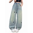 thumbnail image 1 of Luogg Girls Fashion Cute Personality Pants Elastic Waist Wide Leg Jeans Casual Demin Pants With Pockets Girls Jeans For School 4-5 Years, 1 of 5