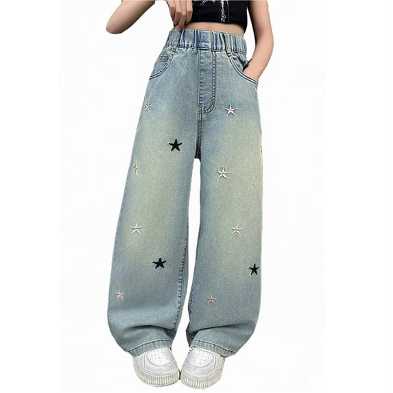 Luogg Girls Fashion Cute Personality Pants Elastic Waist Wide Leg Jeans Casual Demin Pants With Pockets Girls Jeans For School 4-5 Years