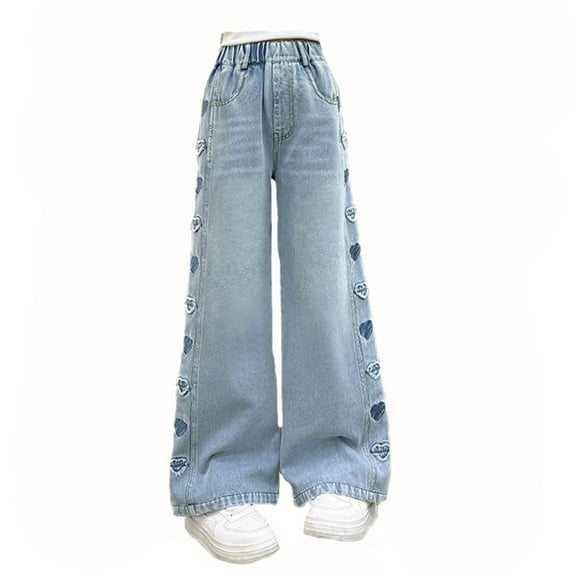 Luogg Girls Fashion Cute Personality Pants Elastic Waist Wide Leg Jeans Casual Pants With Pockets Girls Sweatpants 4-5 Years