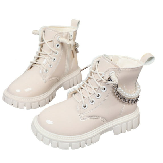 Luogg Girls Glitter Pearl Chain Boots Fashion Girls British Style Short Boots Fall Winter Big Kids Leather Soft Sole Ankle Boots Girls Boots Size 4.5-5 Years