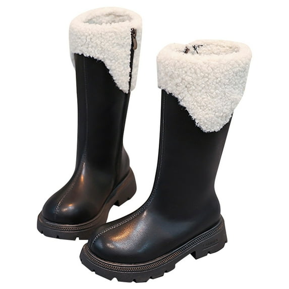 Luogg Girls Winter Boots Fashionable Long Calf High Faux Lined Zip Up Casual Outdoor Booties For Kids Girls Cowboy Boots Size 4-5 Years
