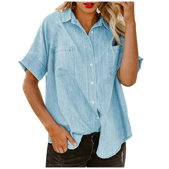 Luogg Spring/Summer Women's Relaxed Fit Pure Color Denim Shirt With & Short Sleeves Women Shirts
