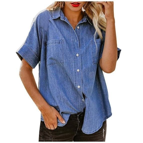 Luogg Spring/Summer Women's Relaxed Fit Pure Color Denim Shirt With & Short Sleeves Women Shirts