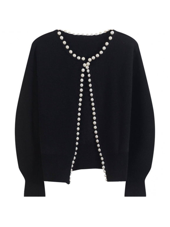 Women Fashion Vintage Pearl Knit Cardigan Loose Short Sweater Jacket Coat Lightweight Cardigan Women