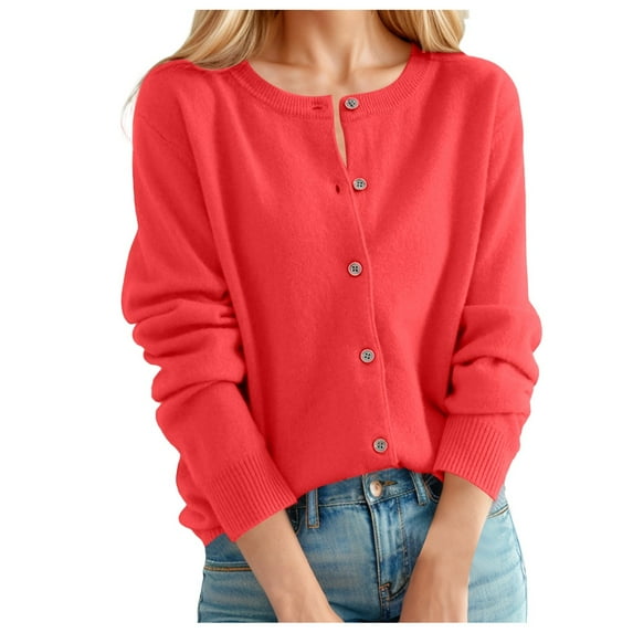 Luogg Women's Cardigan Sweater Classic Crew Neck Button Collar Knit Front Open Cardigan Sweater