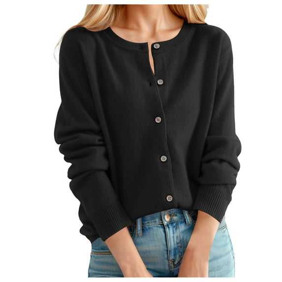 Luogg Women's Cardigan Sweater Classic Crew Neck Button Collar Knit Front Open Cardigan Sweater